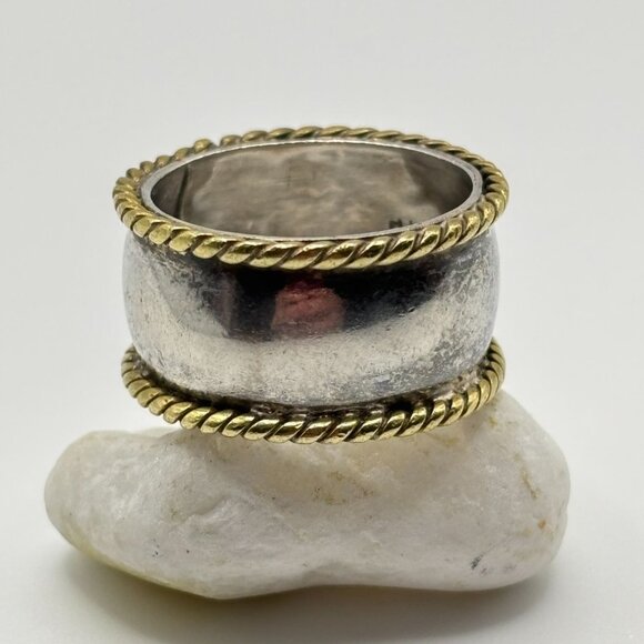Two-Tone Twisted Rope Edge Sterling Silver Band Ring Mexico 925 - Picture 5 of 8